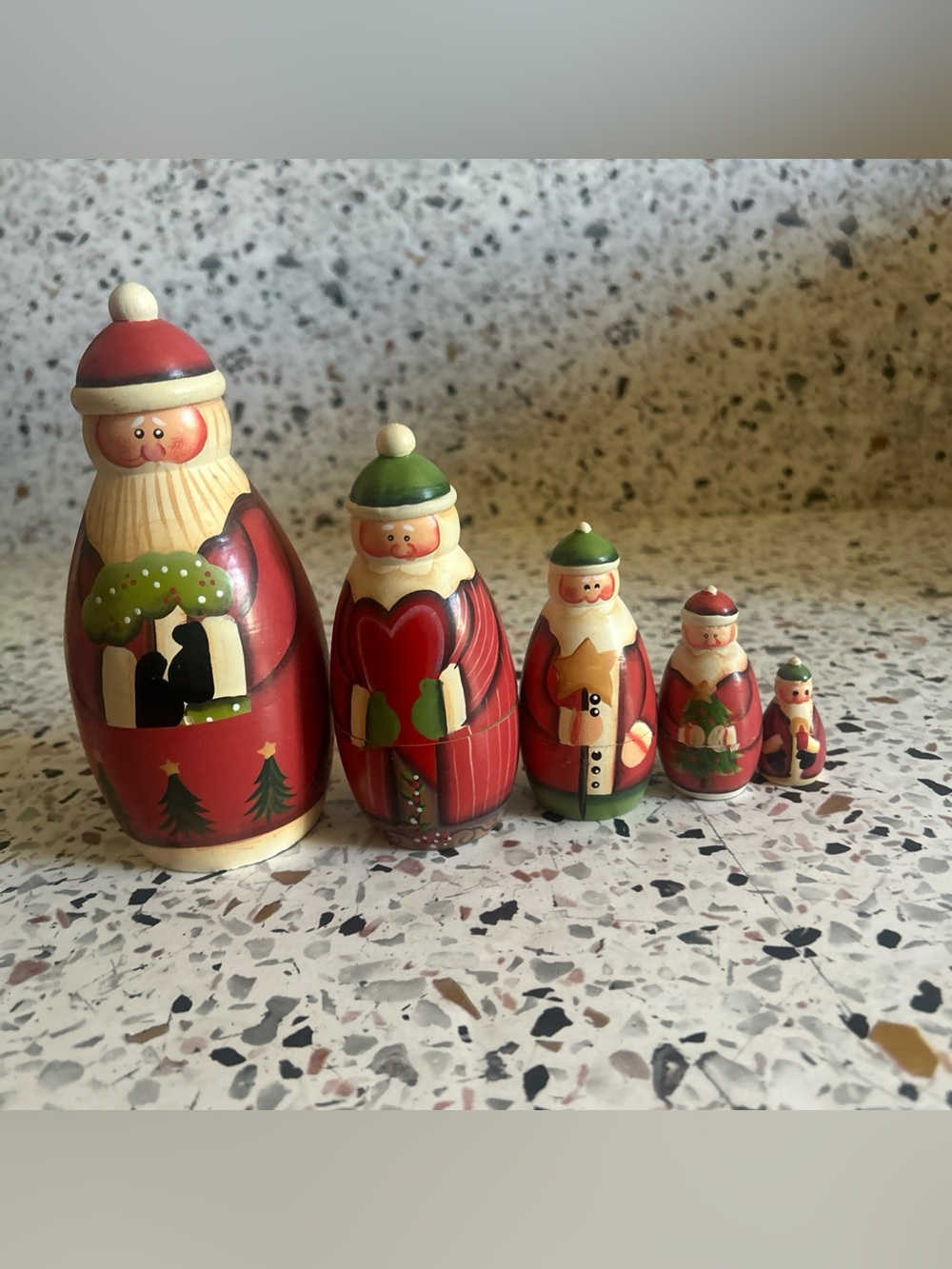 Vintage Five Wooden Santa Claus Christmas Nesting Dolls Russian Hand Painted